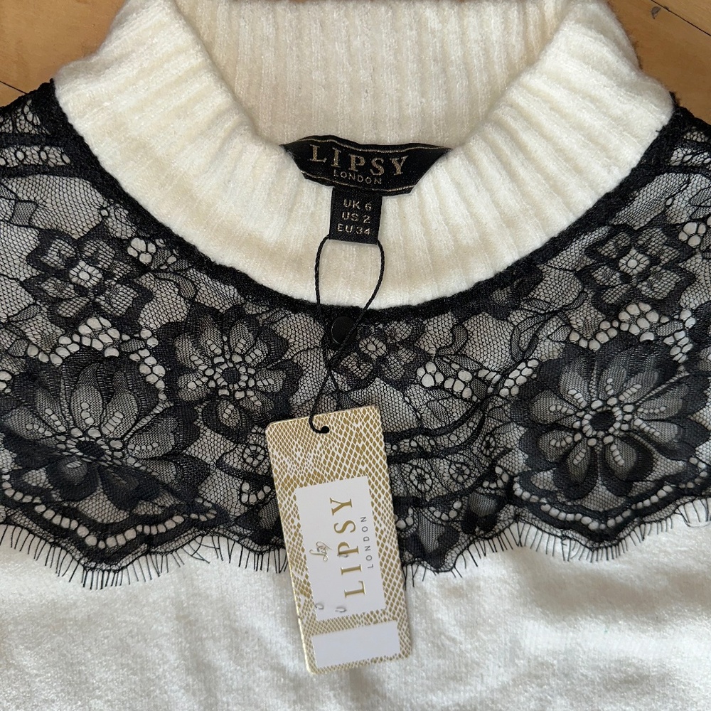 NEW LIPSY white mock neck with black lace yoke sweater, 2, N122 - Picture 4 of 7